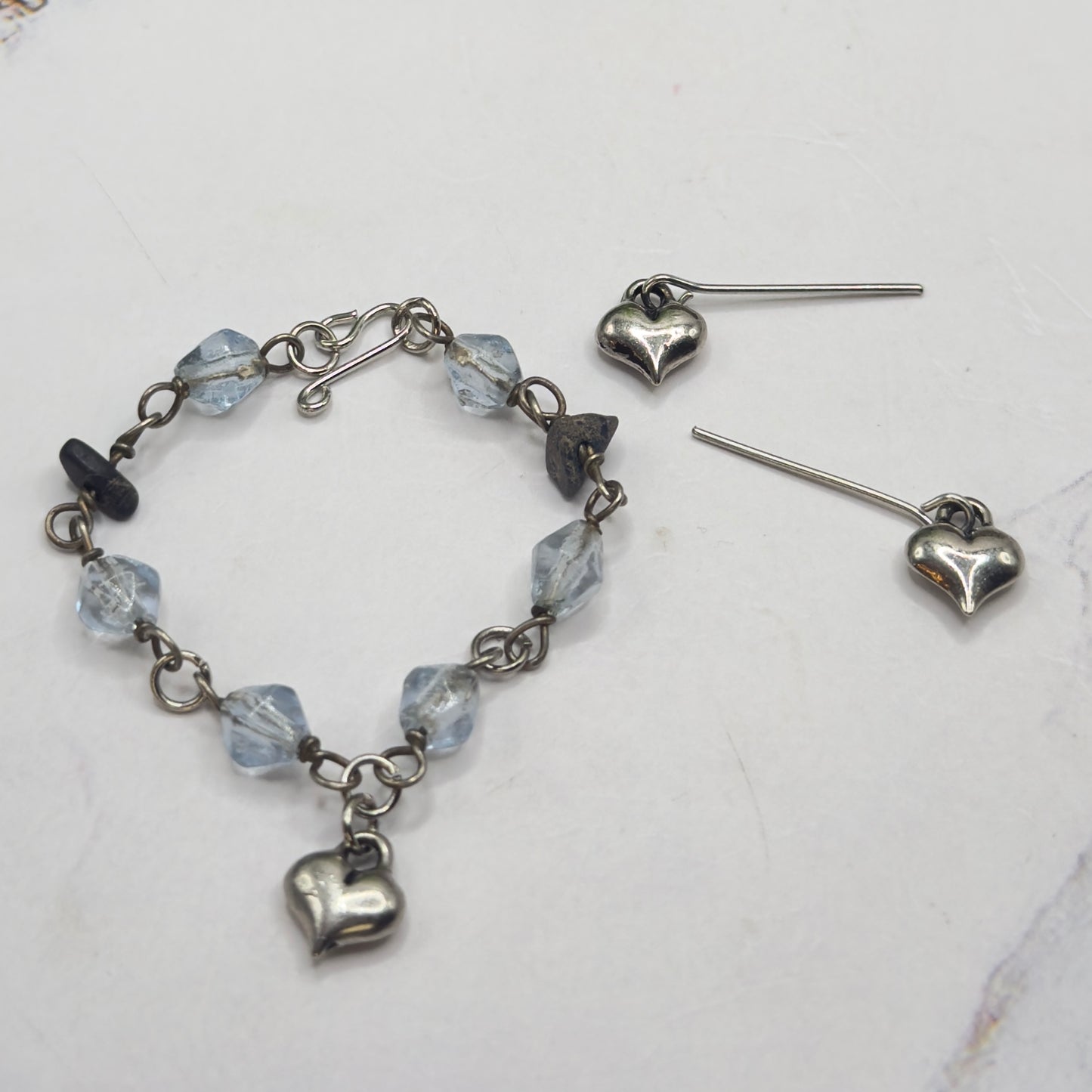 Blue Glass Beaded Silver Heart Charm Doll Necklace & Earrings • 14 Inch Fashion Doll Jewelry
