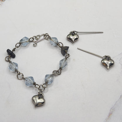 Blue Glass Beaded Silver Heart Charm Doll Necklace & Earrings • 14 Inch Fashion Doll Jewelry