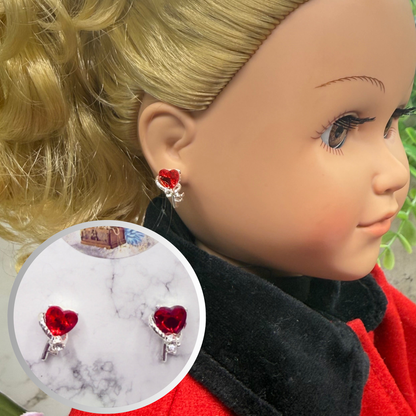 Red Rhinestone Heart Silver Key Design Post Doll Earrings • 18 Inch Fashion Doll Jewelry