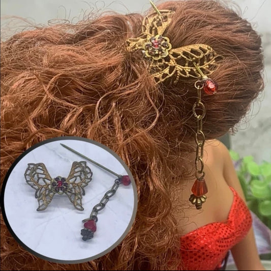 Butterfly Filigree Hair Clip Barrette Chain Dangle Red Crystal Hair Pin