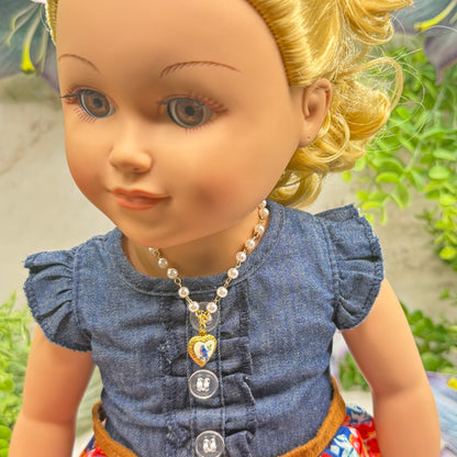 Blue Bird Design Gold Heart Charm Pearl Beaded Doll Necklace • 18 Inch Fashion Doll Jewelry