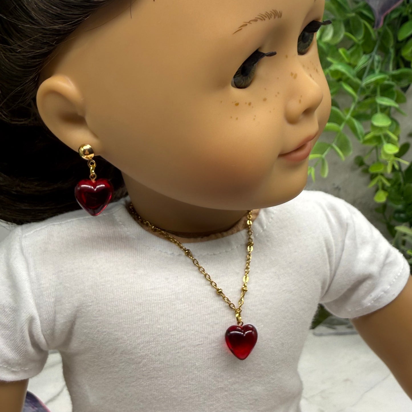 Red Burgundy Heart Pendant Gold Chain Doll Necklace & Earrings • 2mm Post for 18 Inch Fashion Doll