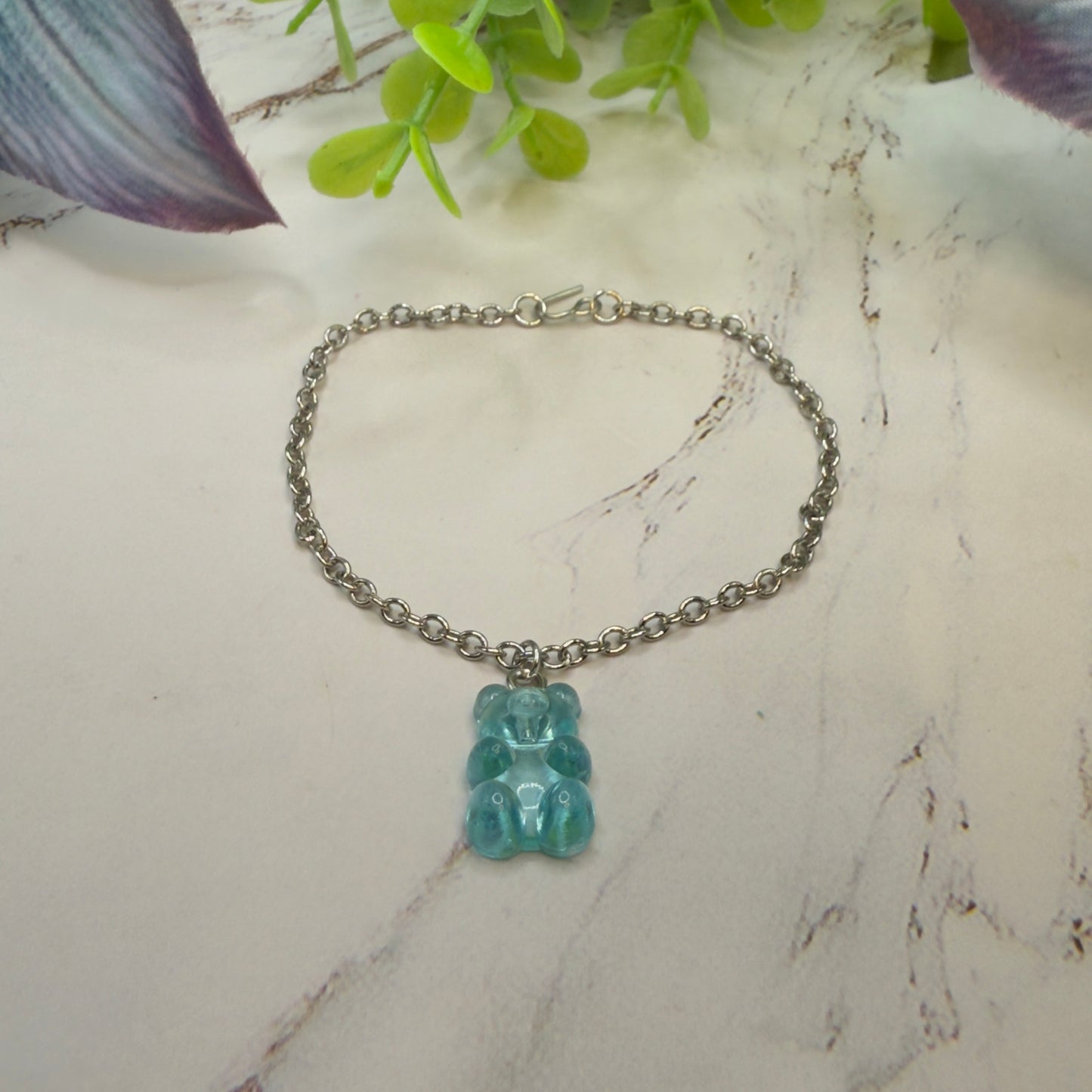 Turquoise Blue Translucent Acrylic Teddy Gummy Bear Charm Silver Chain Doll Necklace 18” Doll Jewelry