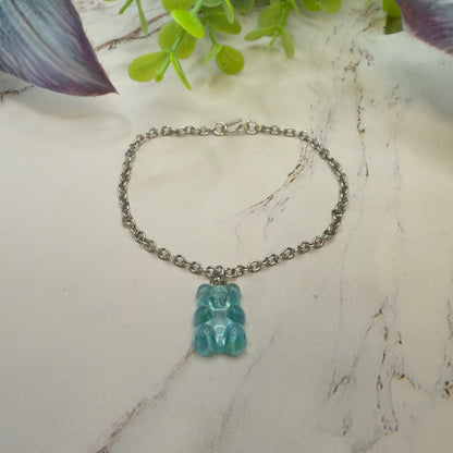Turquoise Blue Translucent Acrylic Teddy Gummy Bear Charm Silver Chain Doll Necklace 18” Doll Jewelry