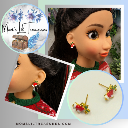 Red White Enamel Gold Metal Christmas Bell Post Doll Earrings • 18 Inch Fashion Doll Jewelry