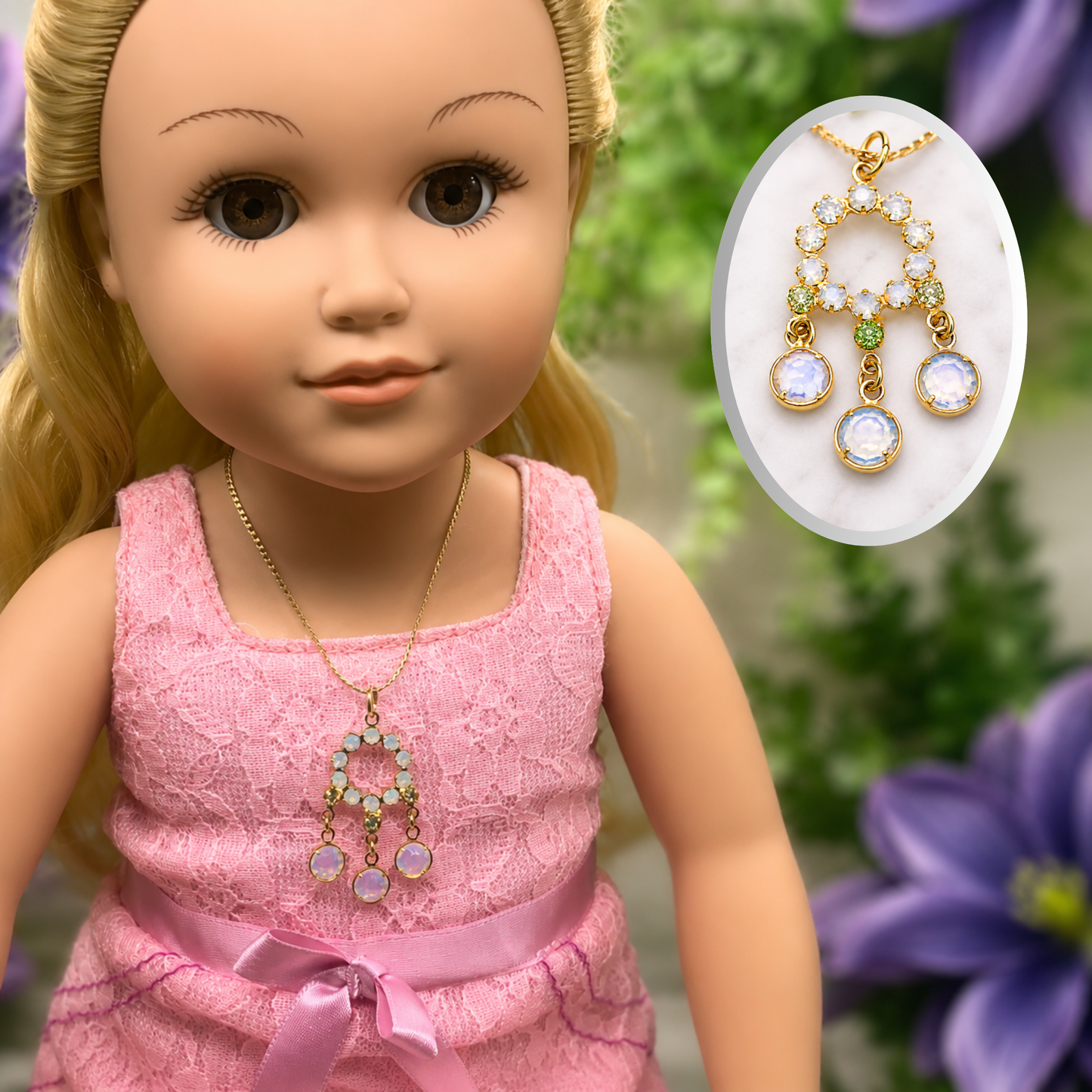 Crystal Rhinestone Gold Dangle Pendant Doll Necklace • 18” Fashion Doll Jewelry