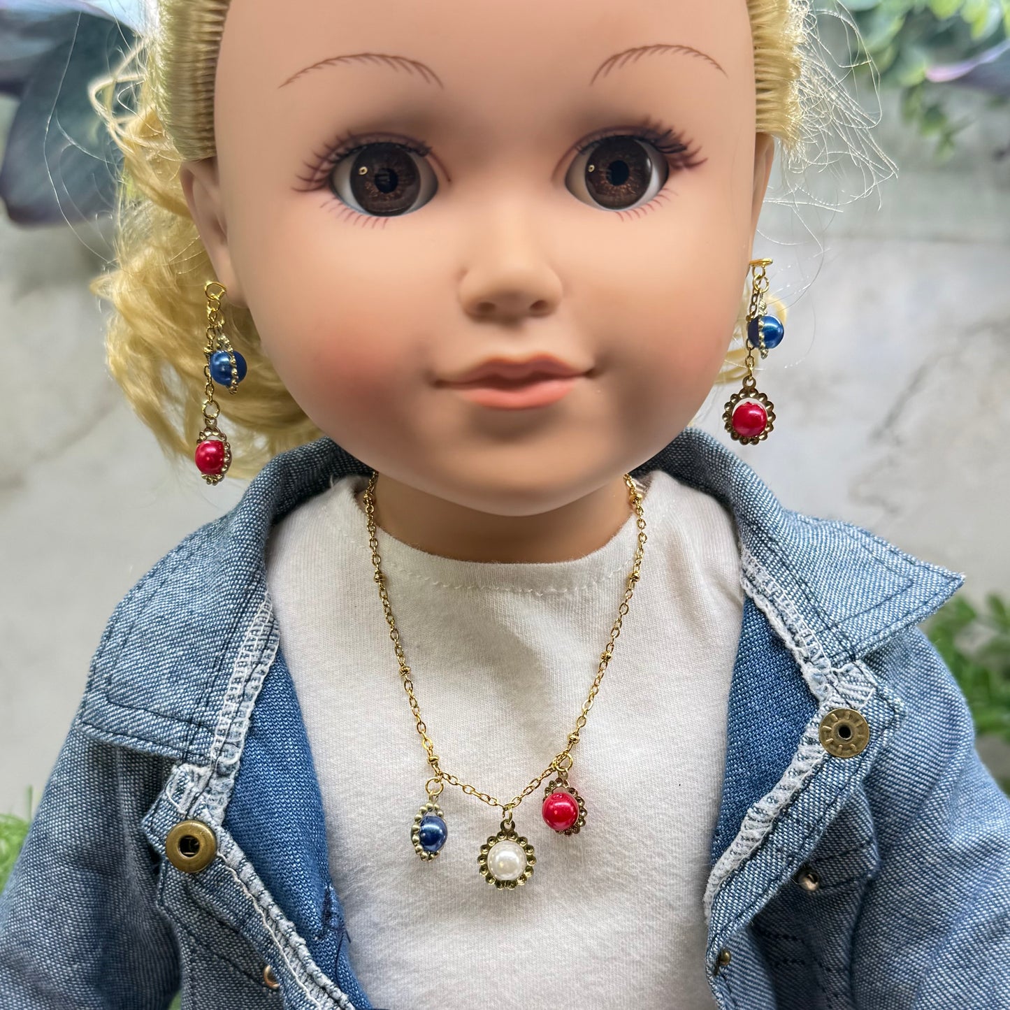 Red White Blue Pearl Dangle Gold Doll Necklace & Earrings Set for 18 Inch Fashion Doll