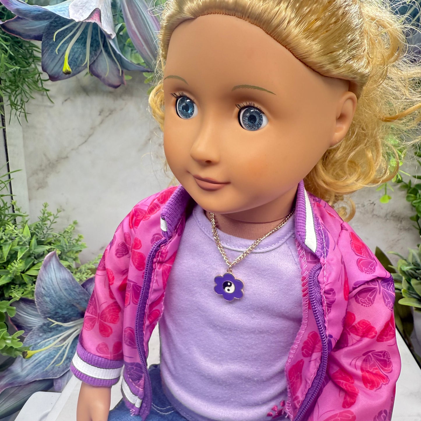 Yin-Yang Purple Flower Charm Gold Chain Doll Necklace • 18 Inch Fashion Doll Jewelry