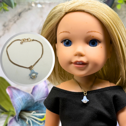Blue Bell Flower Pearl Center Charm Gold Chain Doll Necklace • 14 Inch Fashion Doll Jewelry