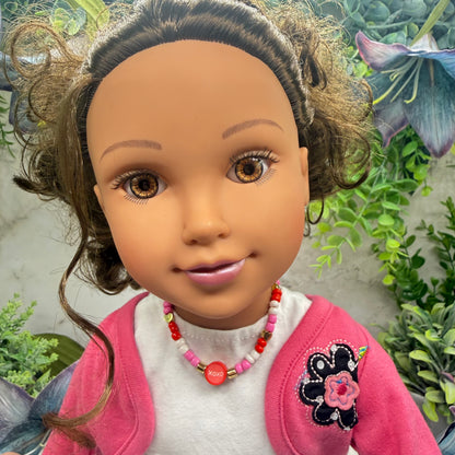 XOXO Pink Red White Beaded Doll Necklace Valentine’s Day• 18 Inch Fashion Doll Jewelry