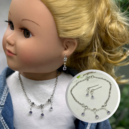 Light Misty Purple & Clear Rhinestone Silver Doll Necklace and Earrings Set for 18 Inch Fashion Dolls