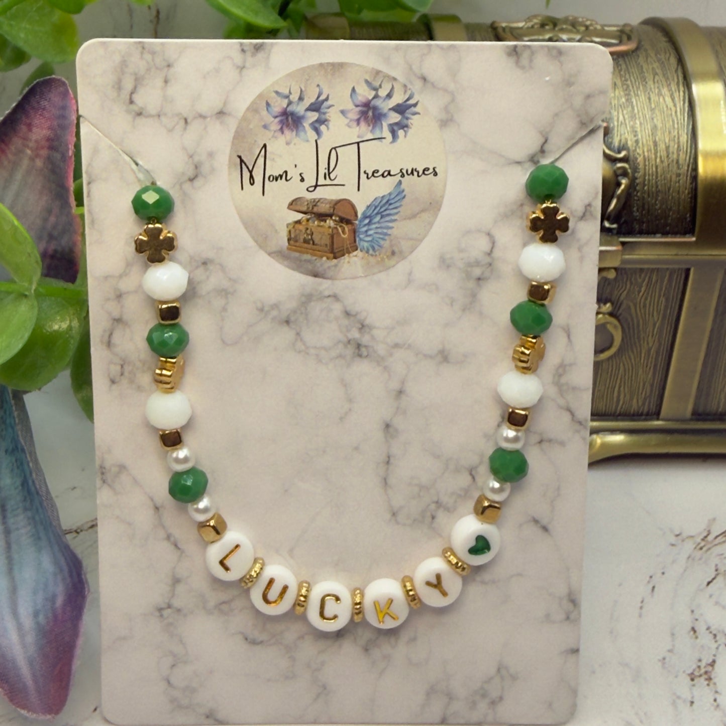 “Lucky” Green White Shamrock Beaded Doll Necklace • 18 Inch Fashion Doll Jewelry