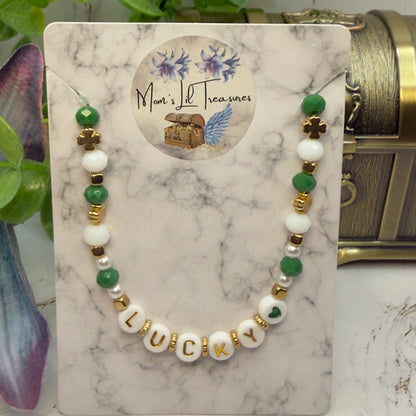 “Lucky” Green White Shamrock Beaded Doll Necklace • 18 Inch Fashion Doll Jewelry