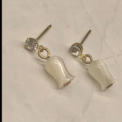 Pearly Tulip Shape Dangle Rhinestone Post Doll Earrings • 18” Doll Jewelry