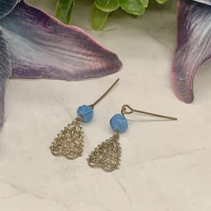 Gold Filigree Blue Glass Dangle Doll Earrings • 18 Inch Fashion Doll Jewelry