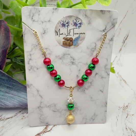 Green & Pinkish Red Pearly Bead Gold Chain Christmas Doll Necklace • 18 Inch Fashion Doll Jewelry