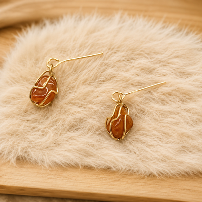 Red Orange Glass Stone Gold Tone  Cage Dangle Doll Earrings • 18” Doll Jewelry