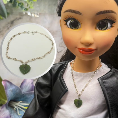 Green Jade Heart Charm with Carved Cross on Silver Chain Doll Necklace • 18 Inch Fashion Doll Jewelry
