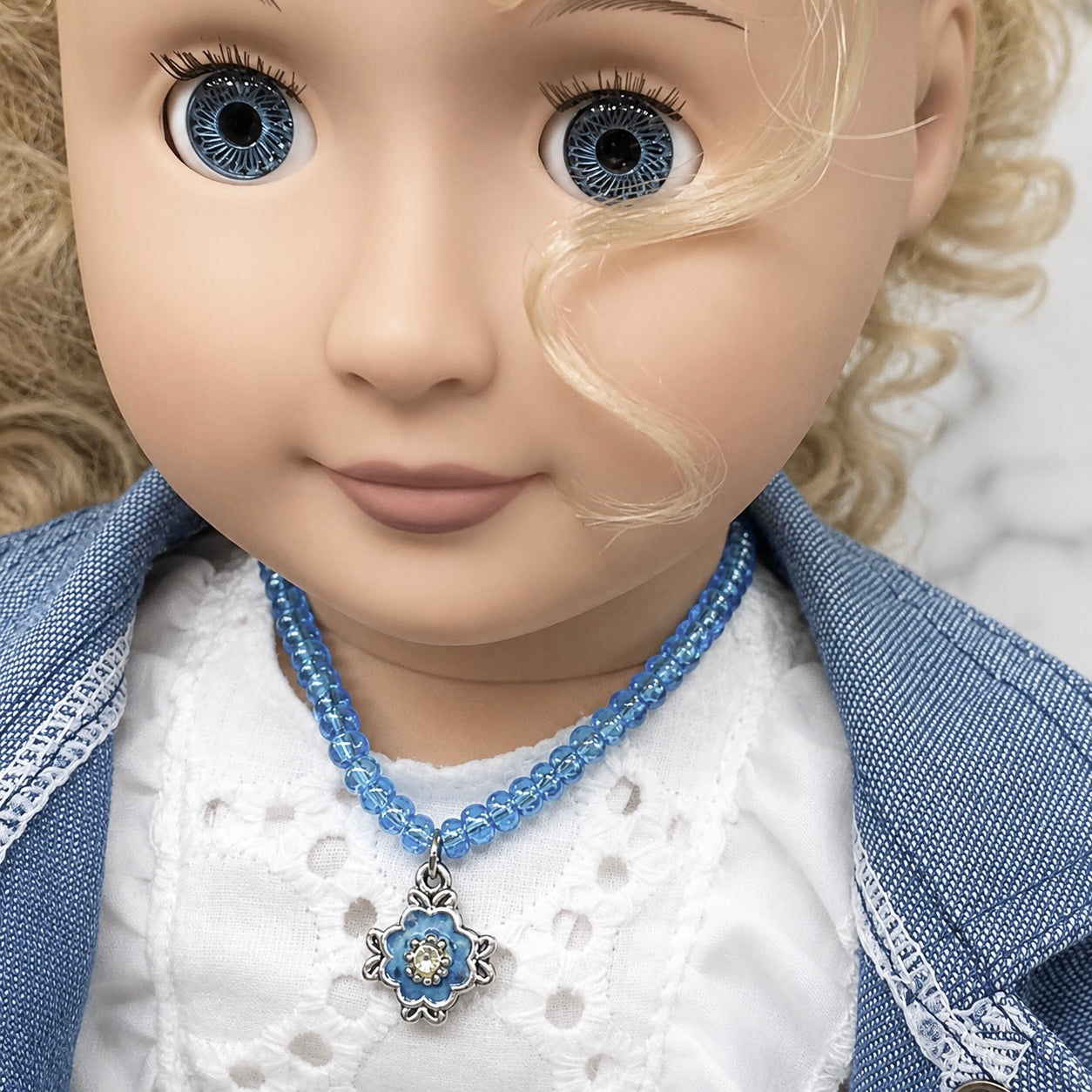 Iridescent Blue Beaded Doll Necklace W/ Pendant • 18” Fashion Doll Jewelry