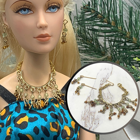 Light Green Brown Glass Dangle Doll Necklace Earrings Set • 16” Doll Jewelry