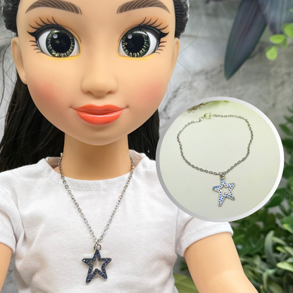 Blue Rhinestone Star Charm Silver Chain Doll Necklace for 18 Inch Fashion Doll