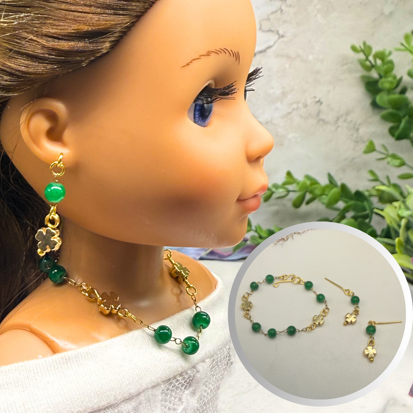 Green Beaded Gold Four- Leaf Clover Charms Doll Necklace & Earrings • 14 Inch Fashion Doll Jewelry