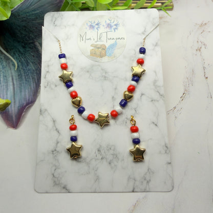 Red White Blue Beaded Americana Gold Star Heart Doll Necklace & Earrings Set for 18 Inch Fashion Doll