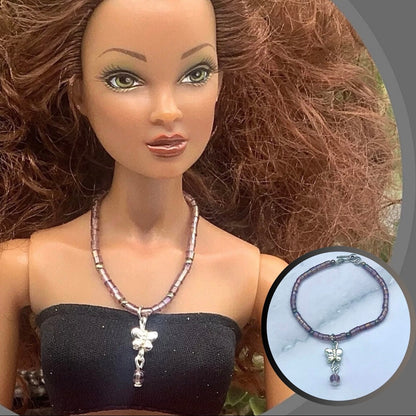 Purple Glass Bead Butterfly Doll Necklace •16 Inch Fashion Doll Jewelry
