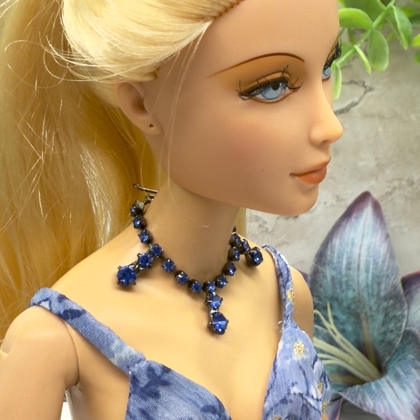 Blue Rhinestone Drop Black Metal Doll Necklace • 16 Inch Fashion Doll Jewelry