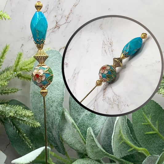 Turquoise Blue Gold Glass Cloisonné Flower Design - 6.75” • Hatpin - Stick Pin