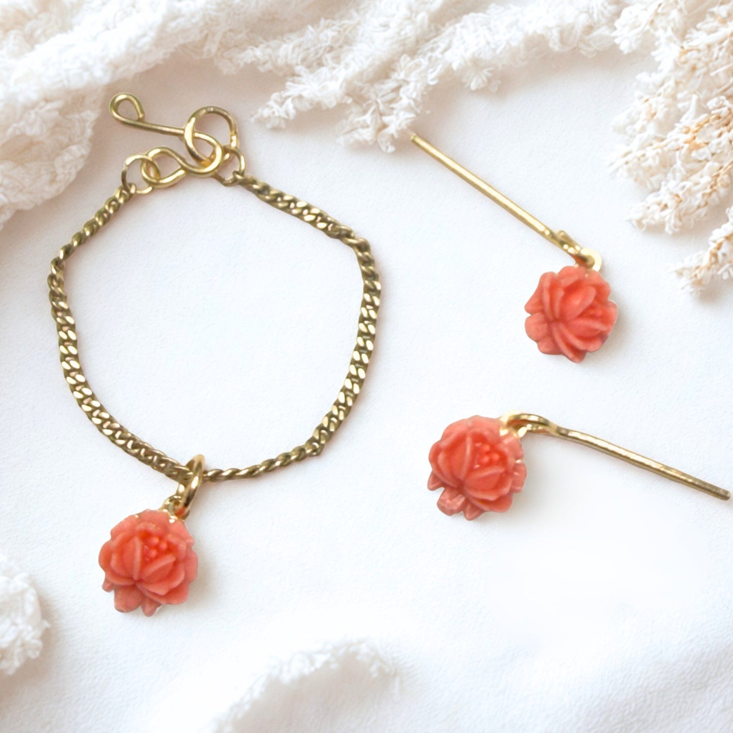 Coral Acrylic Rose Flower Charm Gold Chain Doll Necklace & Earrings • 16 Inch Fashion Doll Jewelry