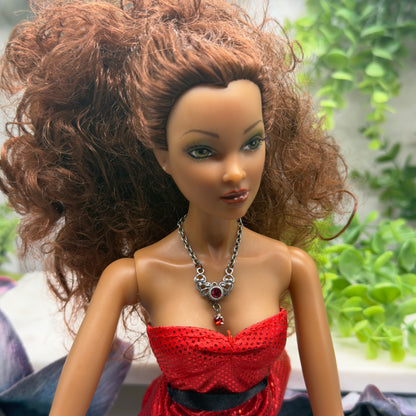 Red Rhinestone Gunmetal Silver Filigree Collar Doll Necklace • 16” Doll Jewelry