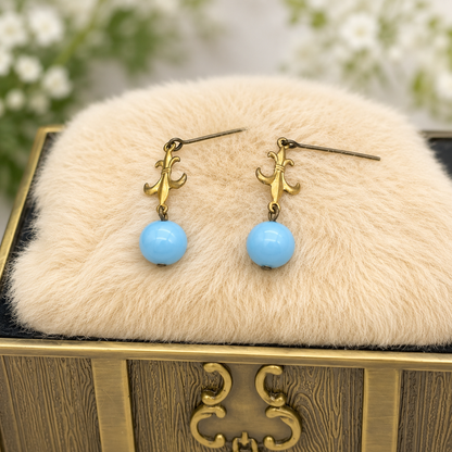 Round Blue Glass & Gold Fleur-de-lis Dangle Doll Earrings • 18” Doll Jewelry