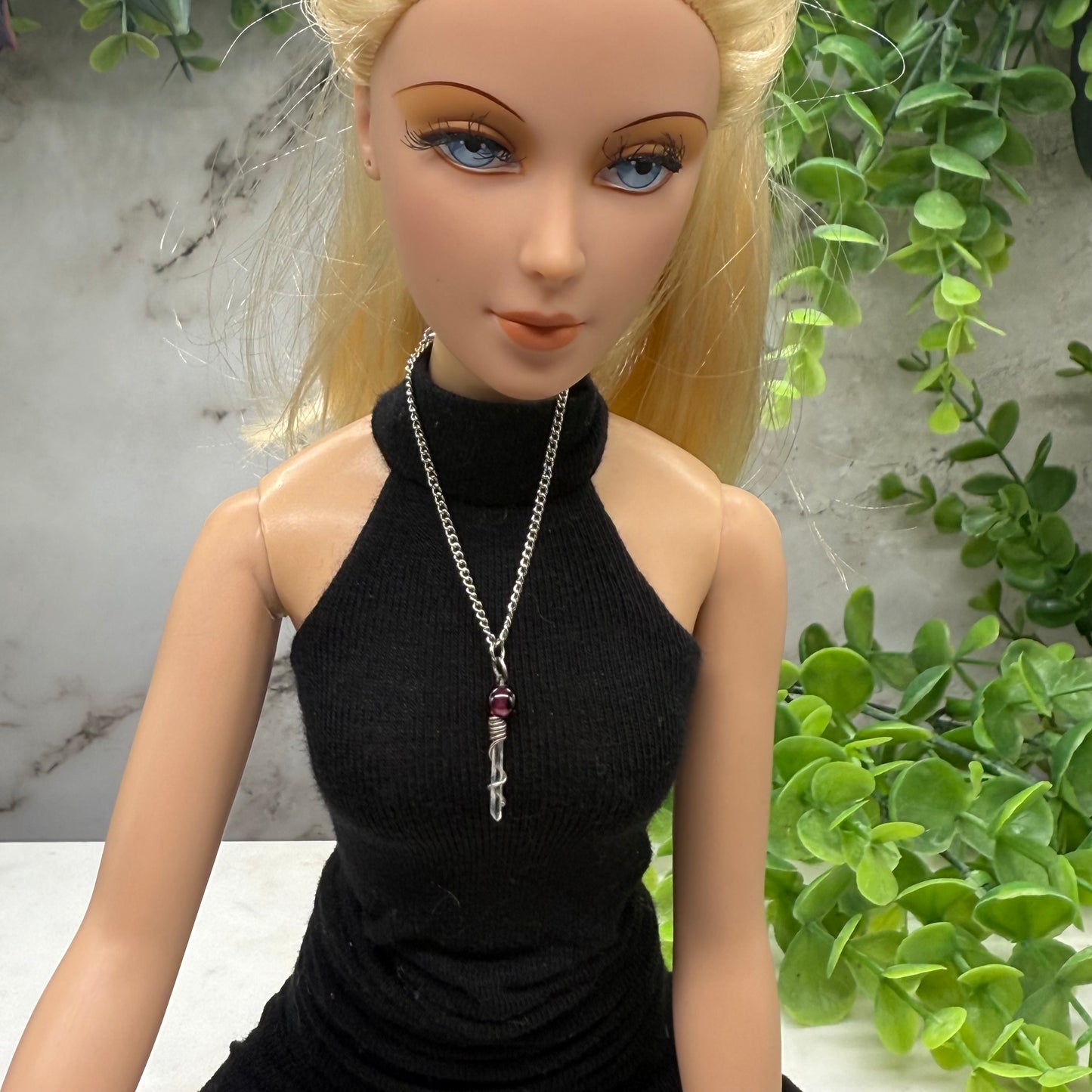 Crystal Quartz & Red Glass Silver Pendant Necklace • 16” Fashion Doll Jewelry