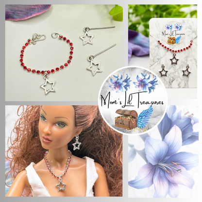 Red Rhinestone Silver Star Charm Doll Necklace & Earrings Set for 16 Inch Fashion Doll