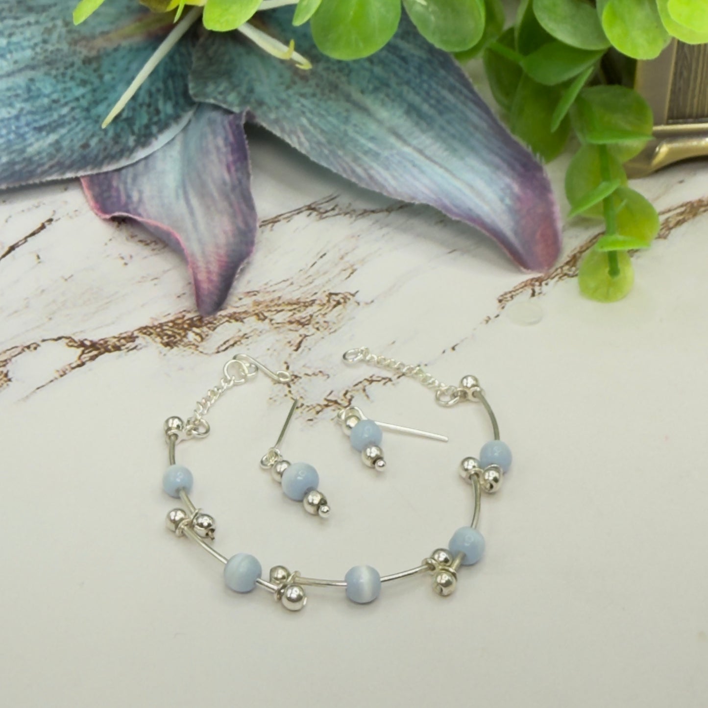 Light Blue Cat’s Eye Silver Curved Link Doll Necklace & Earrings Set • 18 Inch Fashion Doll Jewelry