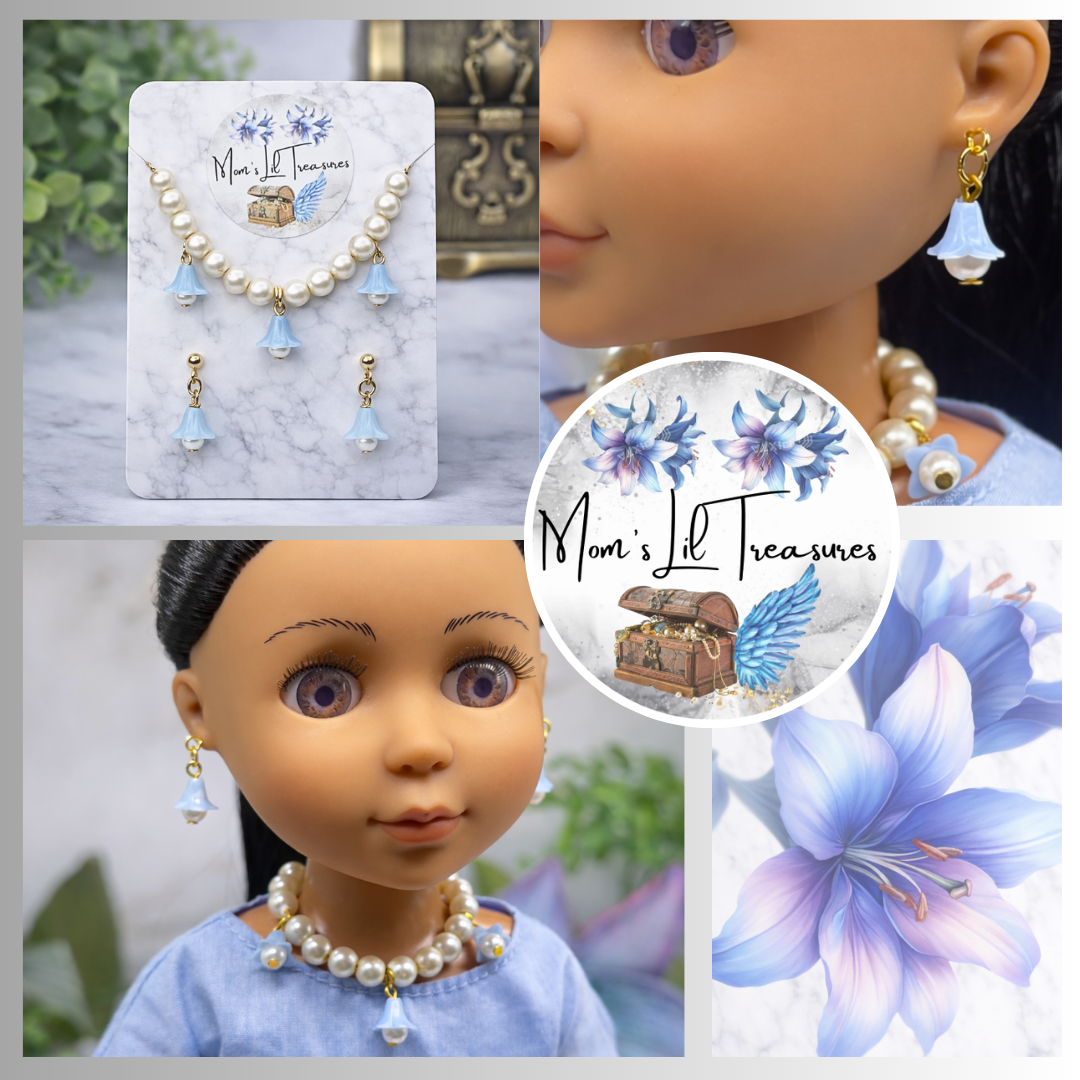 Light Blue Bell Flower Dangle Pearl Beaded Doll Necklace & Earrings • 14 Inch Fashion Doll Jewelry