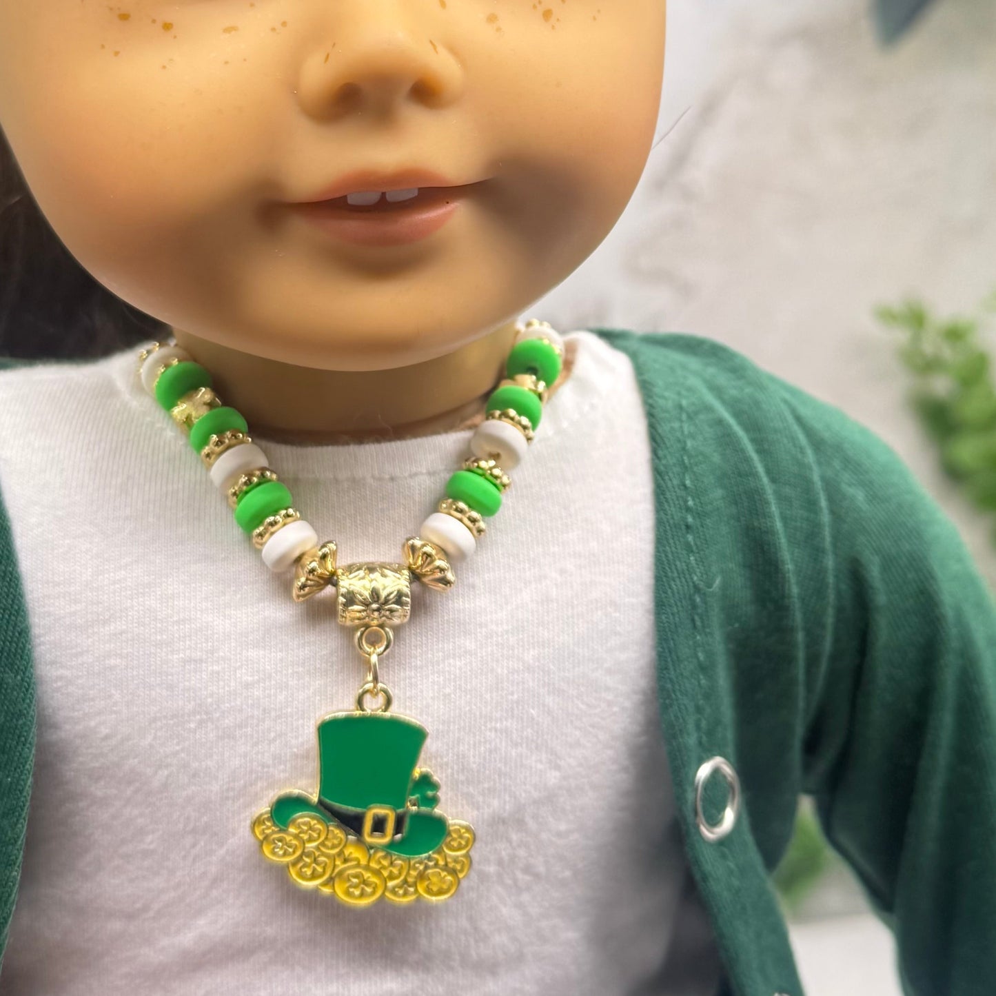 Leprechaun Hat Charm Green White Gold Beaded Doll Necklace • 18 Inch Fashion Doll Jewelry