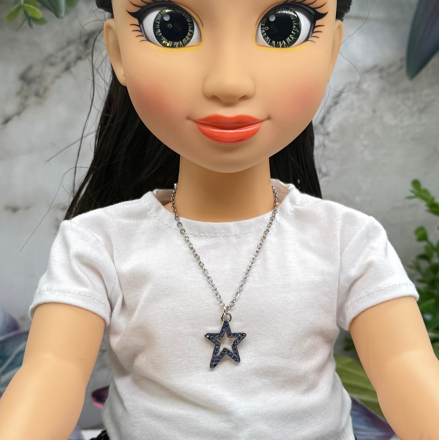 Blue Rhinestone Star Charm Silver Chain Doll Necklace for 18 Inch Fashion Doll