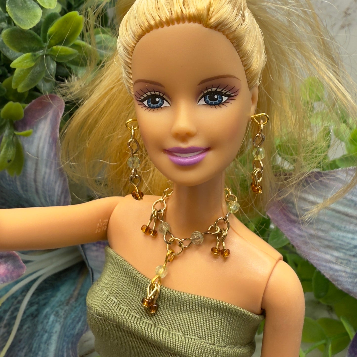 Green Brown Glass Dangle Doll Necklace Earrings Bracelet Set • 10-12” 1:6 Fashion Doll Jewelry