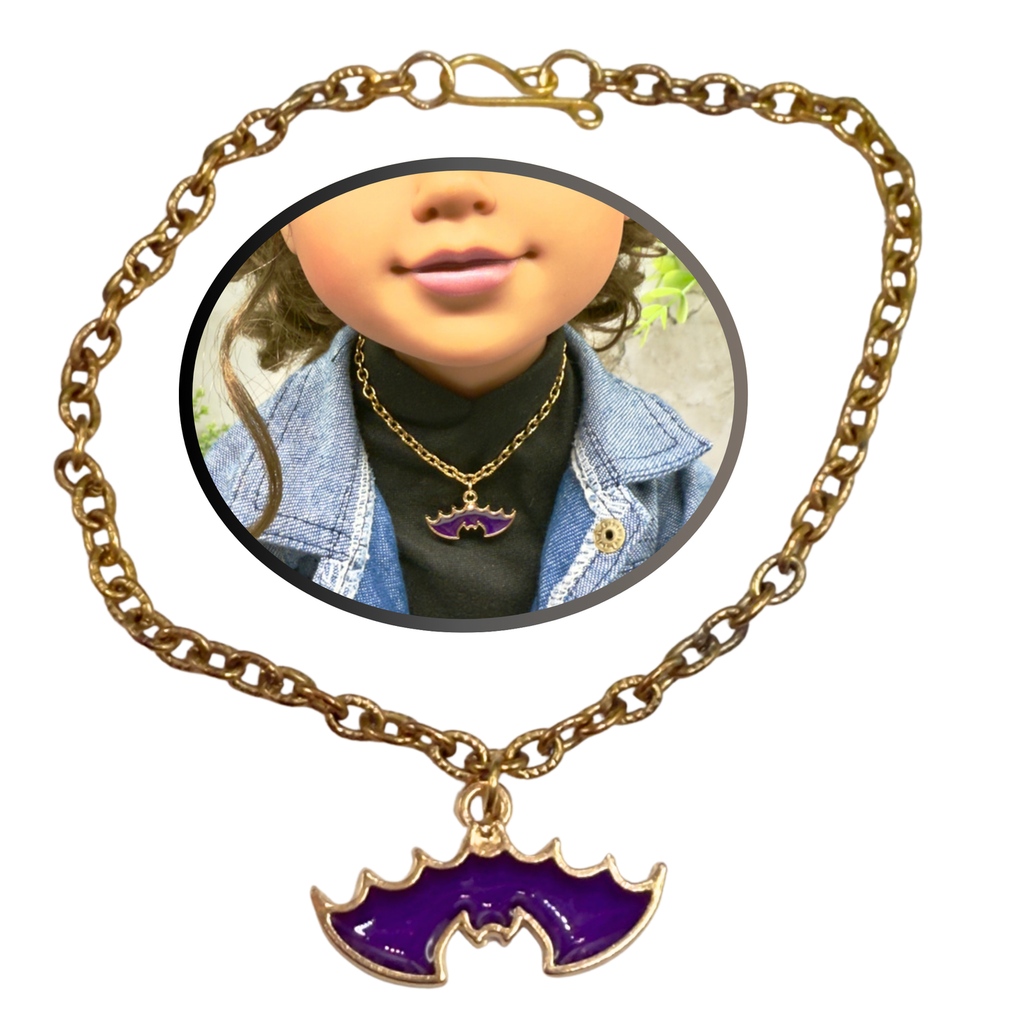 Purple Bat Charm Halloween Doll Necklace • 18 Inch Fashion Doll Jewelry