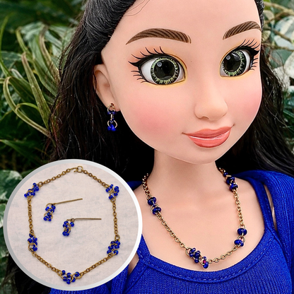 Gold Chain Blue Bead Accents Necklace Earring Set for 18 Inch Fashion Doll