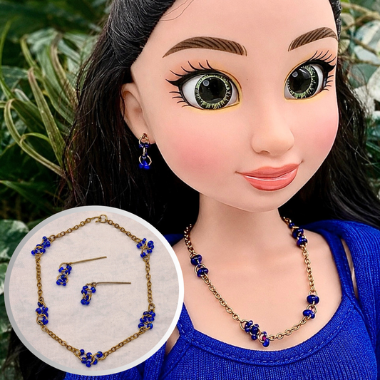 Gold Chain Blue Bead Accents Necklace Earring Set for 18 Inch Fashion Doll
