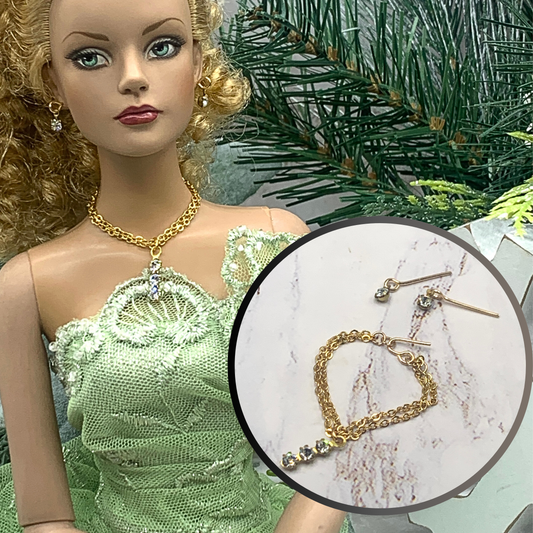Clear Rhinestone Gold Double Chain Doll Necklace Earring Set • 16” Doll Jewelry