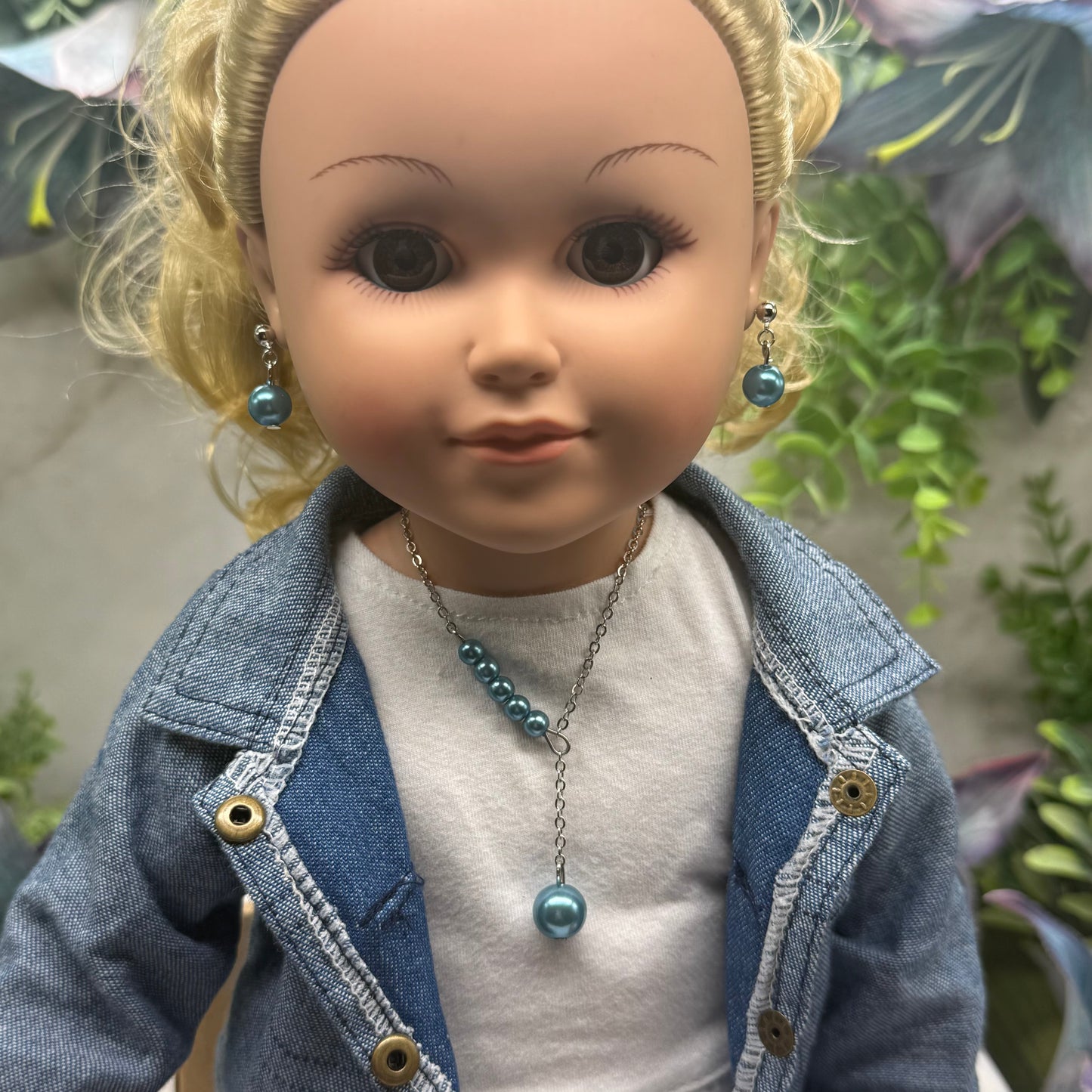 Turquoise Dusty Blue Pearl Drop Necklace & Earrings Set • 18 Inch Fashion Doll Jewelry