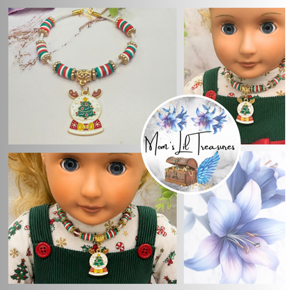 Christmas Snow Globe Charm Acrylic Beaded White Fabric Cord Doll Necklace • 18 Inch Fashion Doll Jewelry