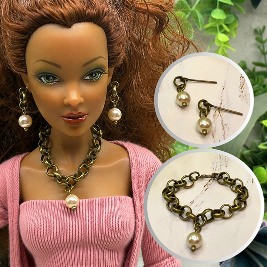 Brass Bronze Large Link Pearl Dangle Doll Necklace & Earrings Set • 16 Inch Fashion Doll Jewelry