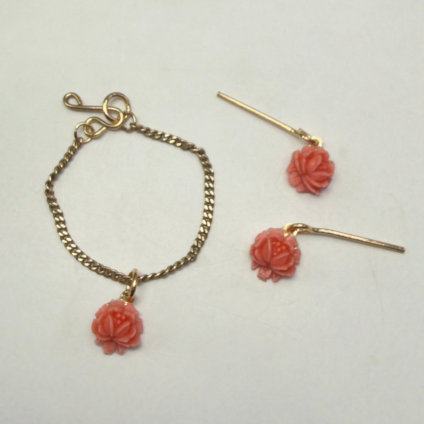 Coral Acrylic Rose Flower Charm Gold Chain Doll Necklace & Earrings • 16 Inch Fashion Doll Jewelry