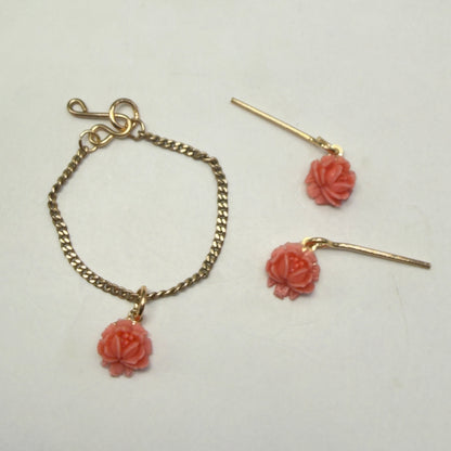 Coral Acrylic Rose Flower Charm Gold Chain Doll Necklace & Earrings • 16 Inch Fashion Doll Jewelry