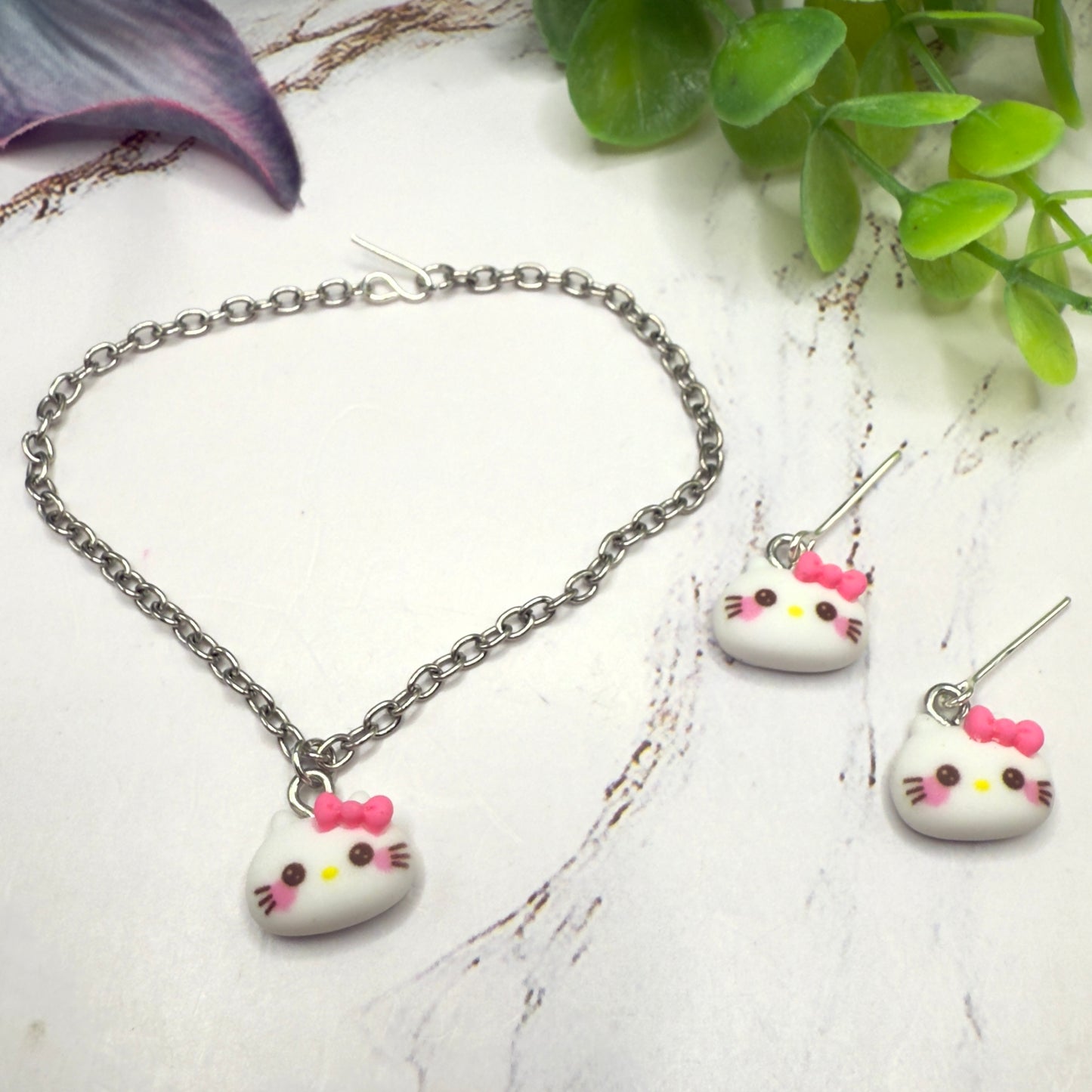 Hello Cat Pink Bow Kitty Charm Doll Necklace and Earrings Set • 18 Inch Fashion Doll Jewelry